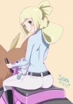  alolan_vulpix ass back bangs belt blonde_hair blunt_bangs blush boots braid commentary_request dated french_braid from_behind green_eyes kamirenjaku_sanpei lillie_(pokemon) long_sleeves looking_at_viewer looking_back on_lap one_eye_closed pants pokemon pokemon_(anime) pokemon_(creature) pokemon_sm_(anime) riding sitting smile tied_hair turtleneck white_pants 