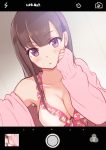  1girl bangs blush breasts brown_hair cardigan character_request cleavage closed_mouth collarbone copyright_request dutch_angle eyebrows_visible_through_hair large_breasts long_hair looking_at_viewer open_cardigan open_clothes self_shot shade sidelocks sleeves_past_wrists solo tanaka_(colorcorn) upper_body viewfinder violet_eyes 