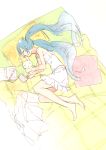  1girl aqua_hair barefoot blush book closed_eyes closed_mouth hatsune_miku long_hair lying notebook on_bed on_side open_book pillow sketch sleeping solo stuffed_animal stuffed_bunny stuffed_toy tanaka_(colorcorn) twintails vocaloid 