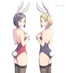  2girls animal_ears aqua_eyes arm artist_name ass back bare_arms bare_back bare_shoulders black_hair black_legwear black_leotard blonde_hair breasts bunny_girl bunny_tail bunnysuit closed_mouth detached_collar eyebrows_visible_through_hair fake_animal_ears female hand_on_own_chest hand_up hands highres la_campanella legs leotard light_smile looking_at_viewer looking_back multiple_girls neck original rabbit_ears red_leotard shiny shiny_hair short_hair simple_background small_breasts smile standing strapless strapless_leotard symmetry tail thigh-highs violet_eyes white_background wrist_cuffs 