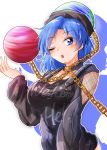  1girl alternate_costume bangs black_clothes blue_eyes blue_hair blush chains clothes_writing collar earth_(ornament) fishnets gold_chain hecatia_lapislazuli highres hips jpeg_artifacts looking_at_viewer no_pants open_mouth oshiaki short_hair solo swept_bangs touhou upper_body 