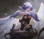  1girl angel_wings blue_eyes breasts cleavage closed_mouth dao_trong_le dawnbringer_riven feathered_wings glowing glowing_eyes highres league_of_legends lips looking_at_viewer medium_breasts nose red_lips riven_(league_of_legends) short_hair solo standing sword weapon white_hair white_wings wings 
