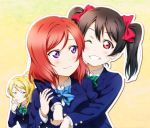  3girls anibache ayase_eli black_hair blonde_hair blue_bow blue_eyes blush bow eyebrows_visible_through_hair green_bow hair_bow long_sleeves looking_at_another looking_at_viewer love_live! love_live!_school_idol_project multiple_girls nishikino_maki one_eye_closed parted_lips red_bow red_eyes redhead short_hair short_ponytail short_twintails smile smug teeth twintails violet_eyes yazawa_nico yuri 