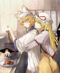  2girls arm_strap bangs blonde_hair breasts chicken_(food) commentary_request cooking cowboy_shot dress expressionless eyes food fox_tail from_side gap hair_between_eyes hat hat_ribbon highres holding holding_spoon hug hug_from_behind indoors jiienu kitchen light_frown long_hair long_sleeves looking_at_another looking_back medium_breasts mob_cap multiple_girls multiple_tails no_pupils pillow_hat pot profile puffy_long_sleeves puffy_sleeves red_eyes ribbon tabard tail touhou very_long_hair violet_eyes white_dress wide_sleeves wooden_spoon yakumo_ran yakumo_yukari yellow_eyes 
