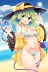  1girl :d beach bikini black_hat blue_eyes blue_sky breasts cleavage clouds cloudy_sky day dutch_angle eyeball eyebrows_visible_through_hair green_eyes green_hair hair_ribbon halter_top halterneck hat hat_ribbon heart heart_necklace heart_of_string highres horizon jewelry komeiji_koishi looking_at_viewer maturiuta_sorato medium_breasts medium_hair navel necklace off_shoulder open_mouth outdoors pinky_out ribbon sand shirt side-tie_bikini sky smile solo standing stomach string_bikini striped striped_bikini sun swimsuit third_eye touhou water wide_sleeves yellow_ribbon yellow_shirt 