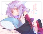  1girl artist_name breasts detached_sleeves looking_at_viewer lying midriff okou_(oshiro_project) on_stomach orange_eyes oshiro_project oshiro_project_re purple_hair shaneru smile solo stuffed_animal stuffed_toy translated whale 