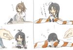  10s 2girls :t absurdres ahoge ahoge_wag black_eyes black_hair blush brown_hair commentary_request eating feeding hachimaki headband hibari_(horse809cat) highres kantai_collection long_hair low-tied_long_hair minigirl multiple_girls open_mouth ponytail shouhou_(kantai_collection) sparkle translation_request wide_sleeves zuihou_(kantai_collection) 