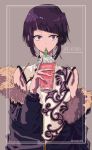  1girl :o bangs bare_shoulders blunt_bangs boku_no_hero_academia character_name china_dress chinese_clothes dress drink drinking_cup drinking_straw earplugs fur_trim grey_background half-closed_eyes highres jacket jirou_kyouka looking_at_viewer off_shoulder open_mouth osanai purple_hair short_hair simple_background sleeveless sleeveless_dress solo upper_body violet_eyes 