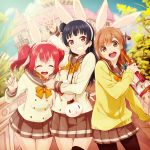  2c=galore 3girls :d animal_ears bangs black_hair bow bowtie brown_hair cardigan churro commentary_request double-breasted fake_animal_ears food gesture grin group_picture hairband highres holding holding_food kunikida_hanamaru kurosawa_ruby long_hair long_sleeves looking_at_viewer love_live! love_live!_sunshine!! miniskirt multiple_girls open_mouth pantyhose pleated_skirt pouch rabbit_ears red_eyes redhead school_uniform serafuku side_bun skirt smile tsushima_yoshiko two_side_up uranohoshi_school_uniform yellow_bow yellow_bowtie yellow_eyes 