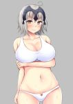  &gt;:( 1girl bangs bare_arms bare_shoulders bikini blush breast_hold breasts cleavage closed_mouth collarbone cowboy_shot fate/grand_order fate_(series) headpiece jeanne_alter kisaragi_nana large_breasts looking_at_viewer navel ruler_(fate/apocrypha) short_hair silver_hair solo sports_bikini stomach swimsuit wavy_mouth white_bikini yellow_eyes 