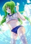  blue_sky blush breasts buruma clouds green_eyes green_hair highres higurashi_no_naku_koro_ni large_breasts long_hair navel ponytail shirt sky sonozaki_mion splashing t-shirt thighs under_boob wading 