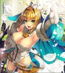  &gt;:d 1girl :d ahoge arm_up armpits bangs bare_shoulders beltskirt blonde_hair blush breasts bridal_veil chains cleavage cowboy_shot detached_collar detached_sleeves elbow_gloves fate/extra fate/extra_ccc fate_(series) flower foreshortening garter_straps gloves green_eyes hair_flower hair_intakes hair_ornament highleg highleg_leotard highres large_breasts leotard lock long_sleeves looking_at_viewer open_mouth padlock petals planted_sword planted_weapon saber_bride saber_extra sideboob smile solo sukocchi sword thigh-highs veil weapon white_gloves white_legwear white_leotard zipper zipper_pull_tab 