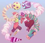  2girls arms_(game) ass bare_shoulders beanie bike_shorts blonde_hair boxing_gloves breasts chinese_clothes dark_skin domino_mask dragon_(arms) drill_hair earrings facepaint food green_eyes hair_ribbon hat highres jewelry leggings legwear_under_shorts lips long_hair mask min_min_(arms) multiple_girls noodles pants pink_hair ribbon short_hair shorts smile twin_drills twintails twintelle_(arms) very_long_hair 