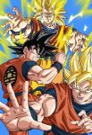  3boys black_eyes black_hair blonde_hair blue_background clone dougi dragon_ball energy fighting_stance green_eyes grin highres long_hair looking_at_viewer multiple_boys official_art open_mouth outstretched_arms outstretched_hand short_hair smile son_gokuu spiky_hair super_saiyan super_saiyan_3 very_long_hair wristband 