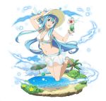  1girl :d arm_up asuna_(sao-alo) bikini bikini_skirt blue_eyes blue_hair blue_ribbon bracelet breasts cleavage collarbone feet floating_hair flower full_body hat hat_ribbon head_tilt hibiscus holding jewelry long_hair looking_at_viewer medium_breasts necklace open_mouth palm_tree pointy_ears ribbon sideboob simple_background smile solo sun_hat swimsuit sword_art_online toes tree very_long_hair white_background white_bikini white_flower white_hat 