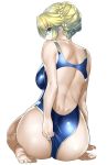  1girl adjusting_clothes adjusting_swimsuit artoria_pendragon_lancer_(fate/grand_order) ass back blonde_hair blue_swimsuit fate/grand_order fate/stay_night fate_(series) green_eyes hair_bun looking_at_viewer looking_back mu-nyako saber seiza shiny shiny_skin simple_background sitting solo swimsuit white_background 