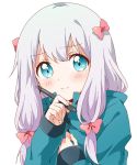  1girl blue_eyes blush bow eromanga_sensei hair_bow hair_ribbon izumi_sagiri long_hair long_sleeves namori purple_hair ribbon simple_background stylus tress_ribbon upper_body wavy_mouth white_background 