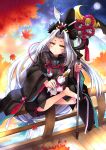  absurdly_long_hair androgynous autumn_leaves barefoot black_hat doll hakudouji hat highres japanese_clothes liymm long_hair looking_at_viewer moon onmyoji outdoors sickle sitting sitting_on_railing solo very_long_hair white_hair wide_sleeves 
