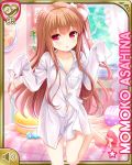  1girl arms_up asahina_momoko barefoot bed brown_hair card_(medium) character_name curtains dress_shirt girlfriend_(kari) long_hair navel no_pants official_art open_mouth pillow qp:flapper red_eyes ribbon shirt side_ponytail sleeves_past_wrists solo standing standing_on_one_leg unbuttoned white_shirt window 