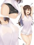  1girl armpits arms_up ass bare_arms bare_legs black_panties blush brown_hair closed_eyes collarbone cowboy_shot hair_between_eyes highres long_hair messy_hair multiple_views no_pants open_mouth original panties ramchi shirt solo stretch t-shirt tears underwear white_shirt yawning 