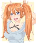 1girl :d arms_up blue_eyes blush breasts looking_at_viewer medium_breasts mibuchi open_mouth orange_hair original sleeveless smile solo teeth twintails upper_body 