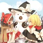  &gt;:d 2girls :d apron black_hair blonde_hair bow braid detached_sleeves frilled_shirt_collar frilled_skirt frills gohei hair_bow hair_ribbon hair_tubes hakurei_reimu hat kirisame_marisa kosencha large_bow long_hair mini-hakkero mittens multiple_girls open_mouth puffy_short_sleeves puffy_sleeves ribbon ribbon-trimmed_sleeves ribbon_trim scarf short_sleeves side_braid single_braid skirt smile snow snowman sweat touhou waist_apron wide_sleeves witch_hat yin_yang_orb 