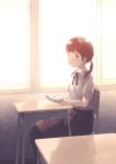  1girl blush book brown_eyes brown_hair chair dated desk eyebrows_visible_through_hair highres holding holding_book looking_at_viewer open_book original parted_lips pochi_(poti1990) short_hair short_twintails signature sitting solo twintails uniform 