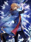  akilico blazblue blazblue:_calamity_trigger blazblue:_central_fiction blazblue:_chronophantasma blazblue:_continuum_shift blonde_hair holding holding_sword holding_weapon ice jacket katana kisaragi_jin looking_at_viewer sheath sheathed snowflakes sword weapon 