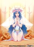  1girl bare_shoulders belt blue_hair breasts cleavage copyright_name curly_hair dress flower force_of_will full_body hair_flower hair_ornament jewelry long_hair miyagekko official_art ring seiza sitting solo veil yellow_eyes 