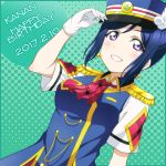  1girl adjusting_clothes adjusting_hat anibache blue_hair blue_hat blush dated earrings eyebrows_visible_through_hair gloves green_background happy_birthday happy_party_train hat jewelry looking_at_viewer love_live! love_live!_sunshine!! matsuura_kanan parted_lips short_sleeves smile solo teeth upper_body violet_eyes white_gloves 