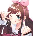  1girl a.i._channel artist_name blush brown_hair collarbone dated green_eyes highres kizuna_ai looking_at_viewer middle_finger nail_polish one_eye_closed pink_nails ranyu signature sketch smile solo tongue tongue_out upper_body v 
