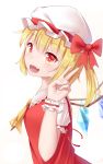  1girl :d ascot bangs blonde_hair commentary_request crystal eyebrows_visible_through_hair fang flandre_scarlet frilled_shirt_collar frills hair_between_eyes hand_up hat hat_ribbon highres ji_dao_ji looking_at_viewer looking_to_the_side mob_cap open_mouth puffy_short_sleeves puffy_sleeves red_eyes red_ribbon red_vest ribbon shiny shiny_hair shirt short_sleeves side_ponytail simple_background smile solo touhou upper_body v vest white_background white_hat white_shirt wings wrist_cuffs 