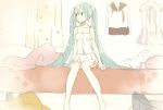  1girl aqua_hair bangs barefoot bedroom blush closed_mouth curtains hair_between_eyes hatsune_miku indoors long_hair looking_to_the_side on_bed sitting sketch sleepwear solo stuffed_animal stuffed_bunny stuffed_toy tanaka_(colorcorn) twintails vocaloid window 