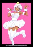  1girl :d bare_shoulders boots breasts dark_skin green_eyes looking_at_viewer microphone open_mouth original smile thigh-highs white_hair white_legwear yamada_satoshi 