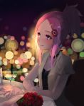  1girl adjusting_ring anemone_(eureka_seven) bangs blurry bokeh bouquet bracelet breasts cherry choker cocktail cocktail_glass commentary_request cup depth_of_field dress drinking_glass eureka_seven eureka_seven_(series) flower food fruit hair_flower hair_ornament hairclip heart heart_necklace highres indoors jewelry light_smile looking_to_the_side nail_polish necklace parted_bangs pink_eyes pink_hair pink_nails ponytail poppy_(flower) red_rose ring rose short_hair short_sleeves sidelocks sitting small_breasts solo_focus sunga2usagi table wedding_band 