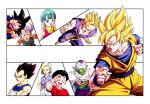  2girls 6+boys android_18 black_eyes black_hair blonde_hair blue_eyes blue_hair bulma cape capsule crossed_arms dougi dragon_ball dragonball_z dress earrings fighting_stance gloves green_eyes green_skin grin hand_on_forehead hands_on_own_cheeks hands_on_own_face happy highres jacket jewelry kuririn looking_at_viewer multiple_boys multiple_girls namek official_art open_mouth panels pants piccolo pointy_ears purple_hair red_shirt salute scarf serious shirt short_hair smile son_gohan son_gokuu son_goten super_saiyan tongue tongue_out trunks_(dragon_ball) turban vegeta white_background white_pants wristband 