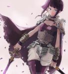  1girl alternate_costume armor bangs bare_shoulders belt blunt_bangs boku_no_hero_academia breasts cape cherry_blossoms choker earplugs jirou_kyouka looking_at_viewer pants purple_hair short_hair shoulder_armor simple_background smile solo sword vambraces violet_eyes weapon white_background 