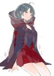  1girl ahoge bangs brown_eyes cloak commentary_request grey_hair hood hooded_cloak looking_at_viewer lpip open_mouth original pleated_skirt red_skirt sidelocks simple_background sitting skirt solo thighs white_background 