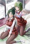  2girls bed blush bob_cut chest_of_drawers cosplay dress green_hair kazami_yuuka kazami_yuuka_(cosplay) long_hair mima multiple_girls plaid plaid_dress ponytail red_eyes short_hair smile thigh-highs touhou yohane 