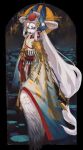  1girl bell ccrxx110 comb eyebrows eyelashes grey_eyes gu_huo_niao hair_ornament hair_rings hair_stick highres jingle_bell lily_pad lipstick long_hair looking_at_viewer low-tied_long_hair makeup onmyoji pale_skin solo standing updo very_long_hair white_hair white_wings wide_sleeves wings 