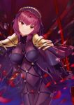  1girl blurry bodysuit breasts covered_navel depth_of_field dual_wielding fate/grand_order fate_(series) gae_bolg highres holding holding_weapon large_breasts long_hair pauldrons petals polearm purple_bodysuit purple_hair ranyu red_eyes scathach_(fate/grand_order) solo spear weapon 