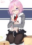 1girl 2017 ;d absurdres ahoge alternate_costume animal bangs black-framed_eyewear black_legwear black_shirt black_skirt blush bowl breasts cat cattail collared_shirt commentary_request dated drooling eyebrows_visible_through_hair eyelashes fate/grand_order fate_(series) glasses hair_between_eyes hair_over_one_eye hands_up highres holding holding_animal holding_cat hood hood_down hooded_jacket hoodie jacket long_sleeves looking_at_viewer medium_breasts miniskirt necktie no_shoes one_eye_closed open_clothes open_hoodie open_mouth pantyhose peng_yong pet_bowl pink_hair plant red_necktie seiza shielder_(fate/grand_order) shiny shiny_hair shirt short_hair signature sitting skirt smile solo violet_eyes zipper 