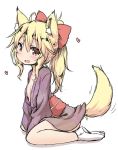 1girl :d animal_ears blonde_hair bow breasts fox_ears fox_tail hair_bow heart japanese_clothes kimono looking_at_viewer natsu_no_koucha obi open_mouth original ponytail sash short_kimono sidelocks simple_background sitting sketch small_breasts smile tail white_background 