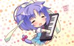  1girl :d =_= animal_ears artist_name blush bow cat_ears cat_tail chibi cinnamon_(sayori) closed_eyes eyebrows_visible_through_hair gloves hair_ribbon highres instrument long_hair nekopara open_mouth ponytail puffy_short_sleeves puffy_sleeves purple_hair ribbon sayori short_hair short_sleeves smile solo synthesizer tail tail_bow tears wallpaper |d 