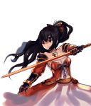  1girl absurdres black_hair bow breasts cleavage cosplay dress gauntlets granblue_fantasy hair_bow hexunart highres long_hair medium_breasts noihara_himari omamori_himari ponytail solo spaulders sword violet_eyes vira vira_(cosplay) weapon 