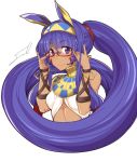  1girl bangle bespectacled bracelet commentary_request cropped_torso dark_skin egyptian_clothes facial_mark fate/grand_order fate_(series) fue_(rhomphair) glasses hairband jewelry long_hair nitocris_(fate/grand_order) purple_hair red-framed_eyewear signature simple_background smile solo upper_body very_long_hair violet_eyes white_background 