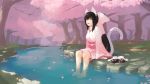  1girl animal_ears black_hair bow breasts cat_ears cat_tail closed_eyes hair_bow highres japanese_clothes kimono long_hair noihara_himari omamori_himari open_mouth paintrfiend partially_submerged ponytail river sitting solo tail 
