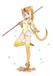  1girl animal_ears anklet blonde_hair bracelet brown_hair brown_legwear circlet closed_mouth elbow_gloves frills from_side full_body gloves golden_snub-nosed_monkey_(kemono_friends) gradient_hair grass high_ponytail holding holding_staff jewelry kemono_friends knee_up leotard long_hair looking_at_viewer monkey_ears monkey_tail multicolored_hair ponytail sidelocks simple_background smile solo staff standing tail tanaka_(colorcorn) thigh-highs white_background yellow_gloves yellow_legwear yellow_leotard 