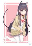  1girl 2017 absurdres animal_ears bangs bell bell_choker black_choker black_hair black_ribbon blue_eyes blunt_bangs breasts brown_jacket brown_skirt buttons cat_ears cat_girl cat_tail choker collarbone commentary_request dated eyebrows_visible_through_hair frilled_skirt frills hair_ornament hair_ribbon highres holding holding_skirt jacket jingle_bell kneeling long_hair long_sleeves looking_at_viewer neck_ribbon open_clothes open_jacket original peng_yong red_ribbon ribbon shirt signature skirt small_breasts solo tail thigh-highs very_long_hair white_legwear white_ribbon white_shirt 