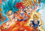  5boys blonde_hair blue_eyes blue_hair clenched_hand dougi dragon_ball dragon_ball_super dragonball_z green_eyes grin kamehameha long_hair looking_at_viewer multiple_boys multiple_persona official_art open_mouth outstretched_arm outstretched_hand red_eyes redhead serious short_hair smile son_gokuu sparkle_background spiky_hair super_saiyan super_saiyan_2 super_saiyan_3 super_saiyan_blue super_saiyan_god very_long_hair wristband 